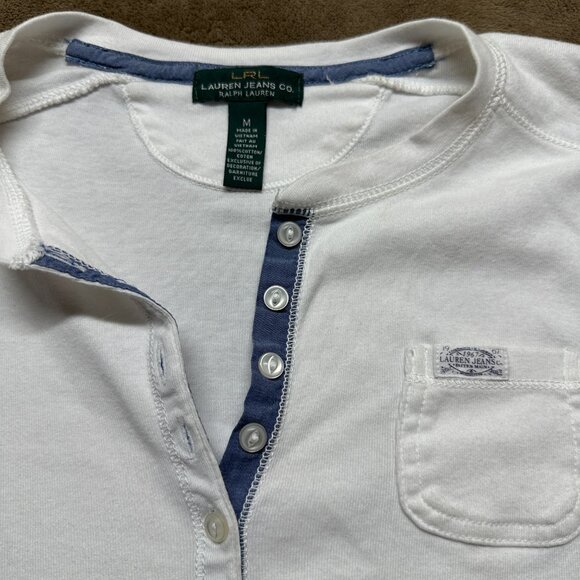 Ralph Lauren LRL White Henley Top w/ Chambray Trim 3/4 Sleeve Y2K Medium - Picture 2 of 7